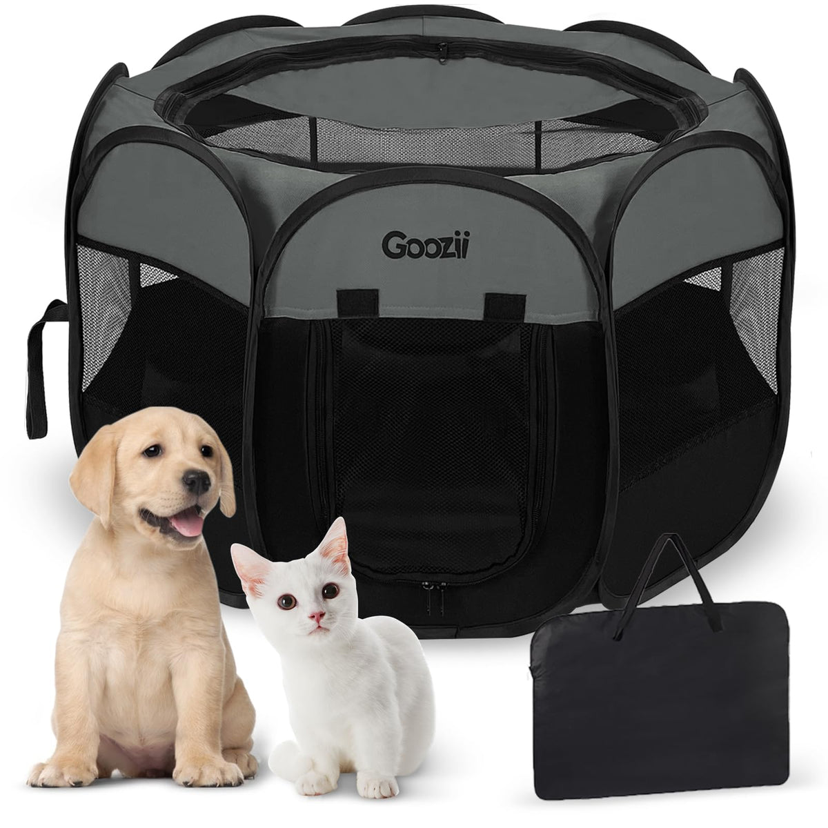 Goozii Pet Cat Playpen for Indoor Cats Enclosed, Puppy Dog Play Pen for Outdoor Travel Camping (Small Size, Green & Dark Grey)