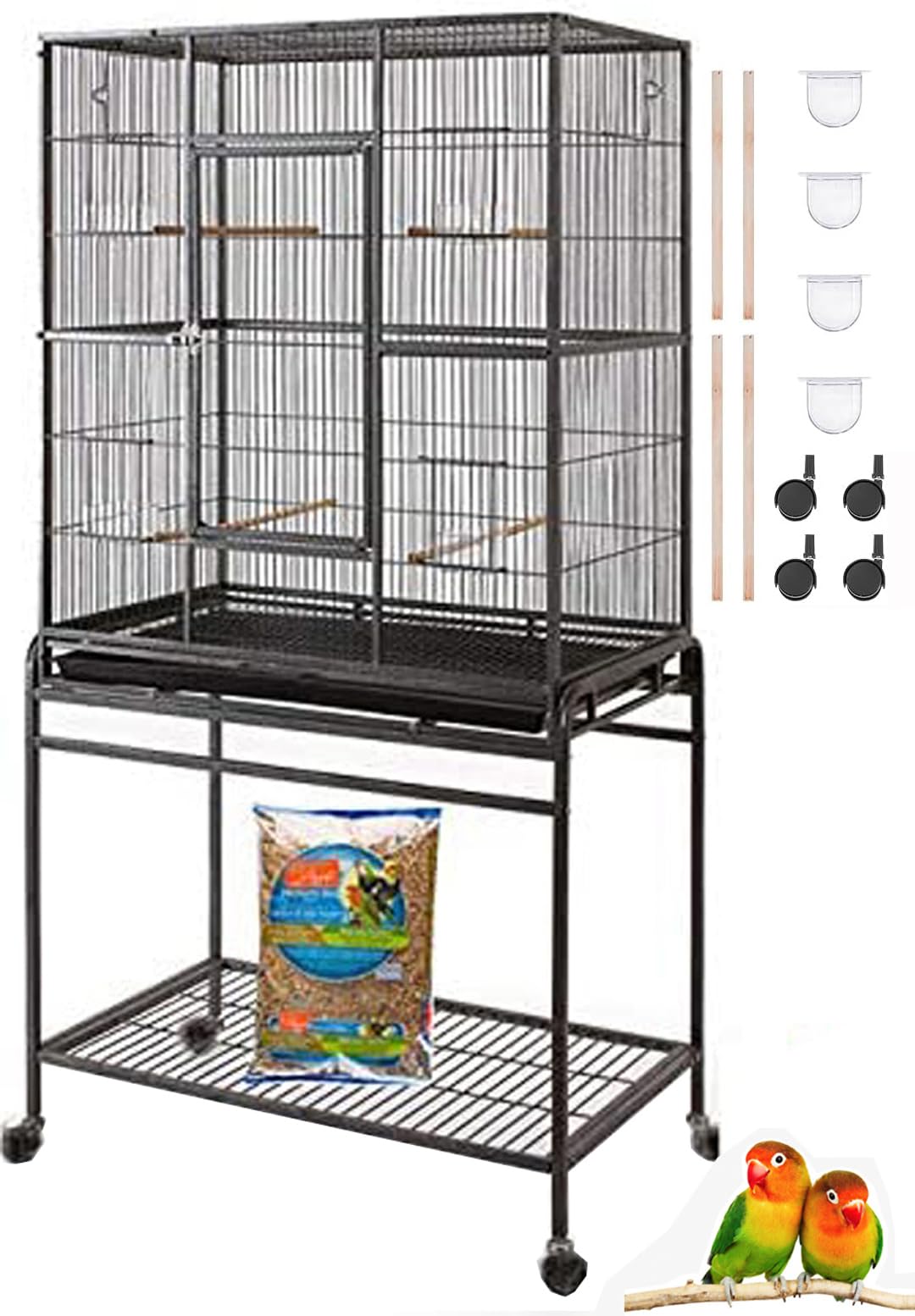 54" Large Sturdy Wrought Iron Breeding Flight Canary Parakeet Cockatiel Lovebird Finch Cage Side Nesting Box Doors with Removable Rolling Stand Storage Shelf