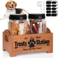 Dog Treat Container Dog Food Container for Dog Food Storage, Farmhouse Cat Food Container Pet Food Storage Organizer, Wood Dog Treat Holder with 2 Plastic Cat Dog Treat Jars, Brown Cat Treat Container
