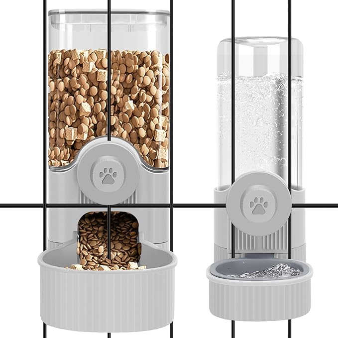 Yummy Sam Hanging Cage Automatic Small Pet Food Bowl Water Bottle Dispenser, Kennel 500ML Waterer and Auto Gravity Pet Feeder Set with Separate Food Bowl Crate Feeder Dish for Puppy Cats Rabbit (Grey)