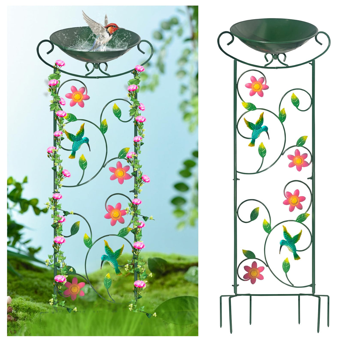 HONGLAND Metal Bird Bath with Trellis, 35" Outdoor Garden Birdbath with Detachable Bowl & Climbing Plant Support, Decorative Bird Feeder Station with Butterflies for Yard, Patio, Fence