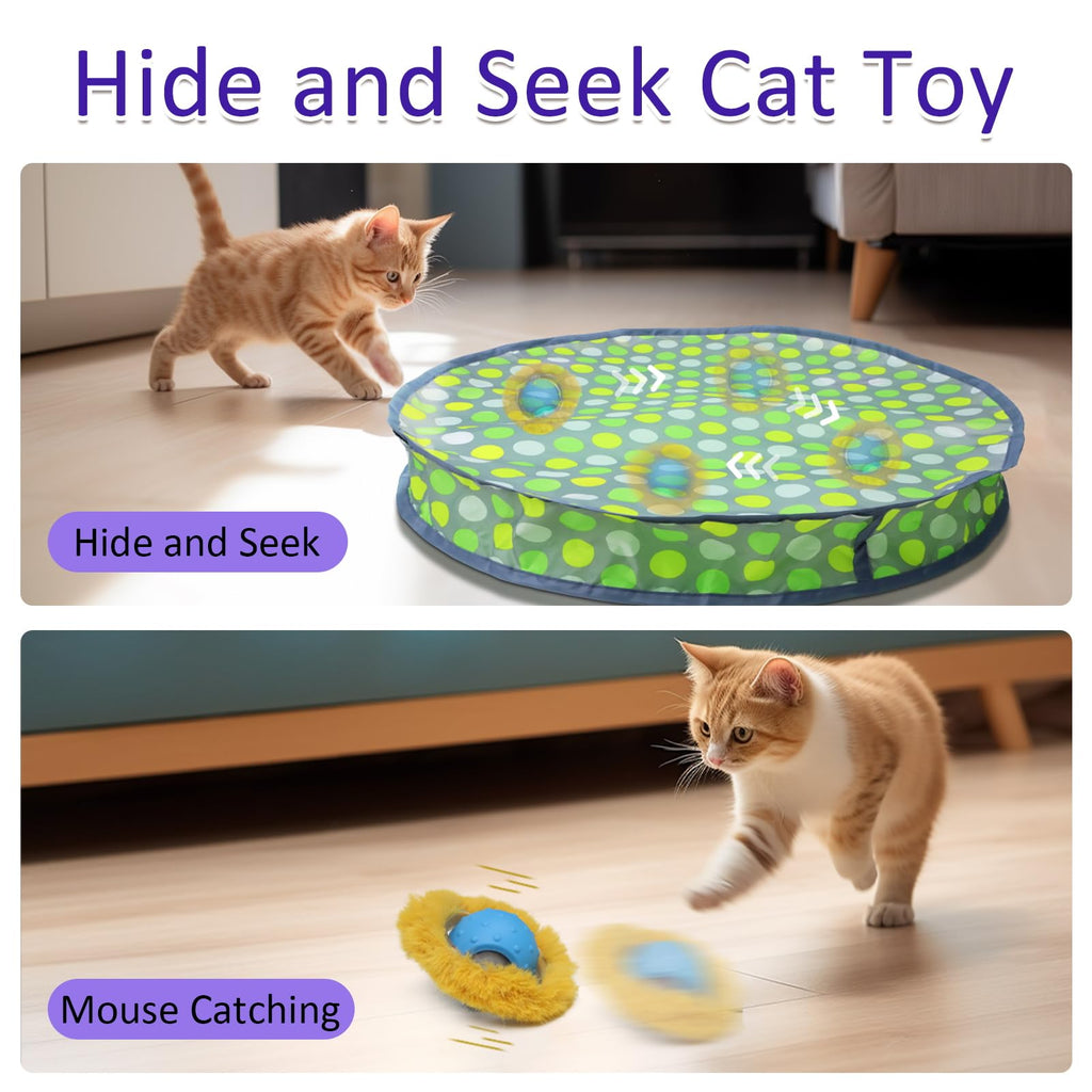 Giociv Interactive Cat Toys Ball Fast Rolling in Pouch, Motion Activate Chirping Cat Toy Hide and Seek Mouse Catching Game (Green Polka dot)