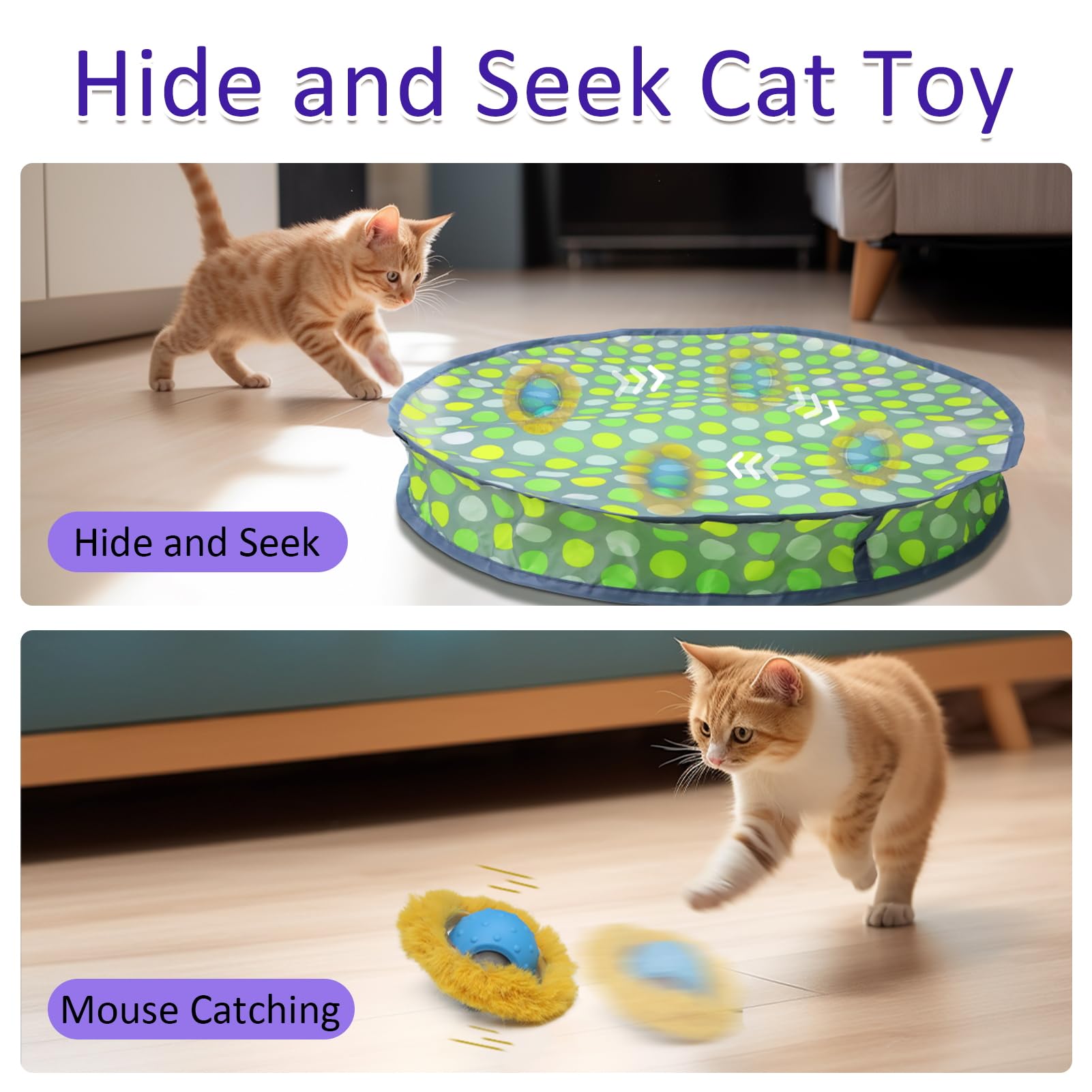 Giociv Interactive Cat Toys Ball Fast Rolling in Pouch, Motion Activate Chirping Cat Toy Hide and Seek Mouse Catching Game (Green Polka dot)