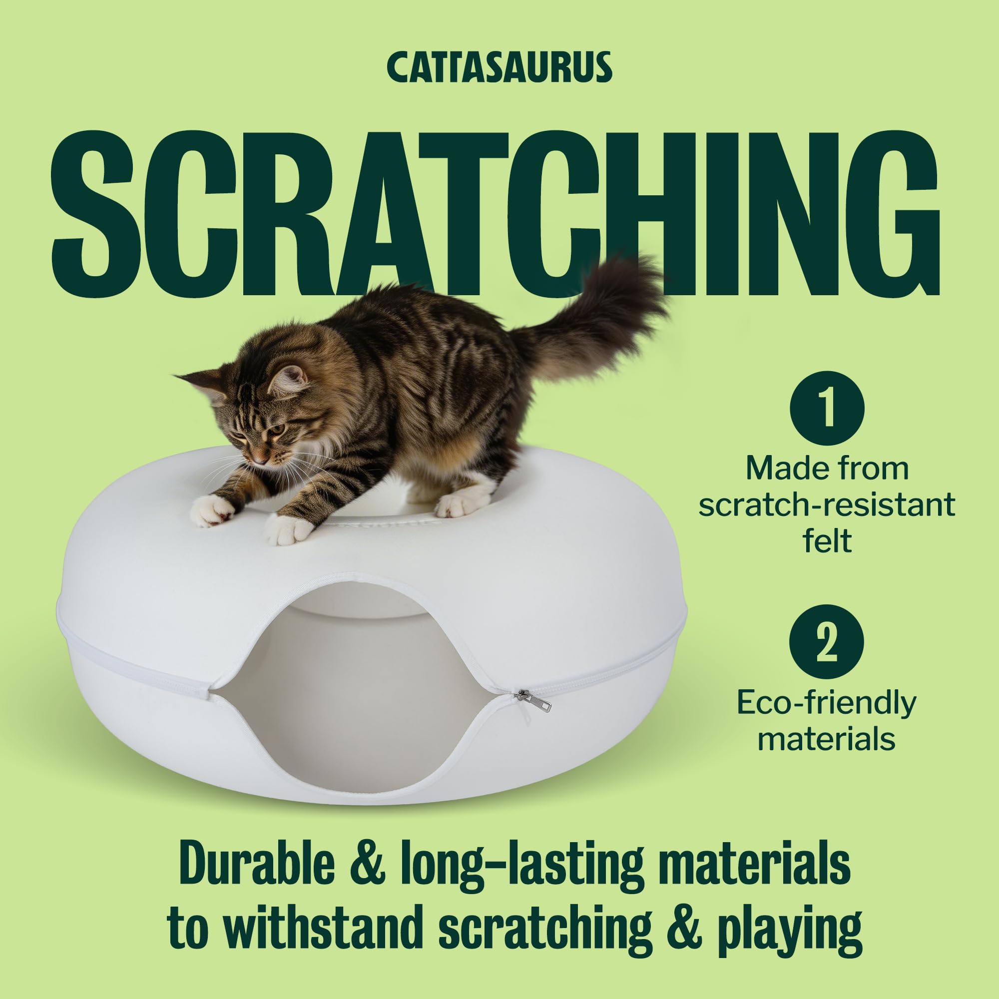 Cattasaurus Peekaboo Cat Cave, Extra Spacious for Multiple & Large Cats 15+ lbs, Scratch Detachable Cat Beds for Indoor Cats, Washable Tunnel Bed, Comfy Donut Tunnel (White, Jumbo)