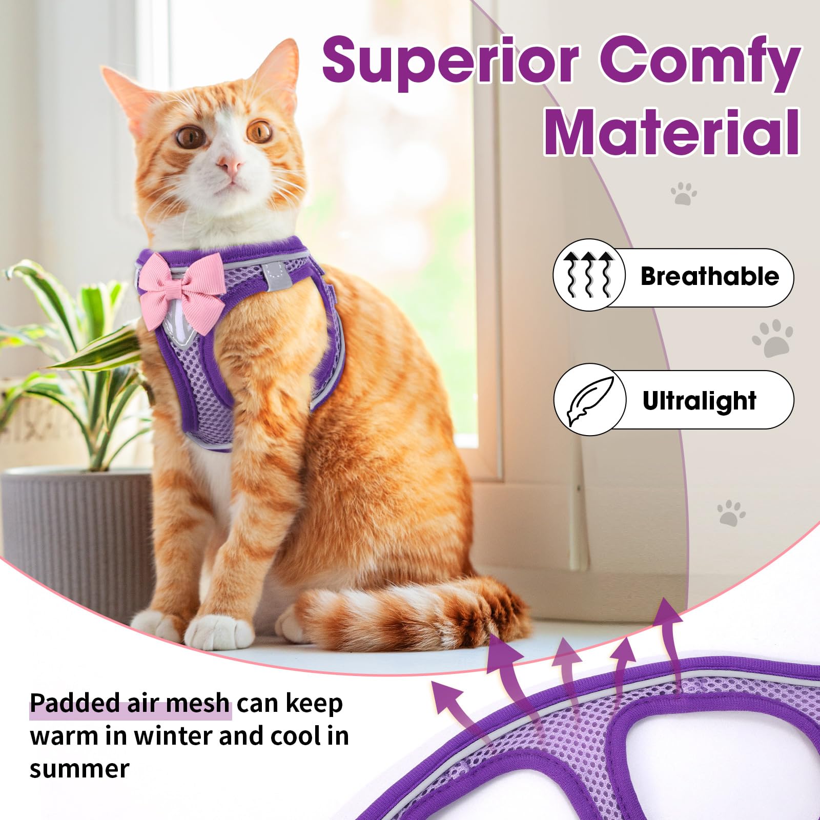NCMAMA Cat Vest Harness and Leash Set, Escape Proof Kitten Harness Purple M