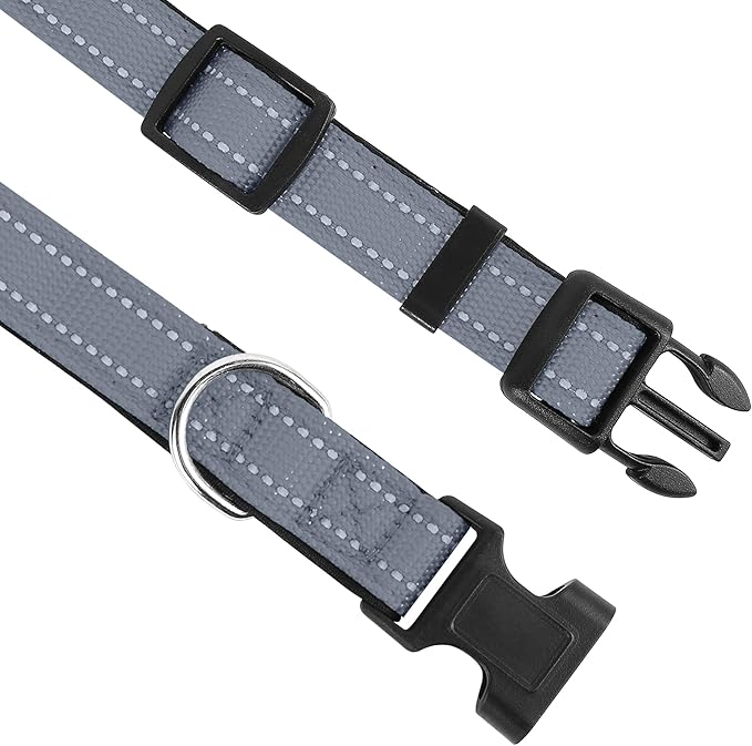 PWOD Reflective Dog Collar, Adjustable Soft Neoprene Padded Nylon Pet Collars with Buckle for Small Dogs, Gray,S
