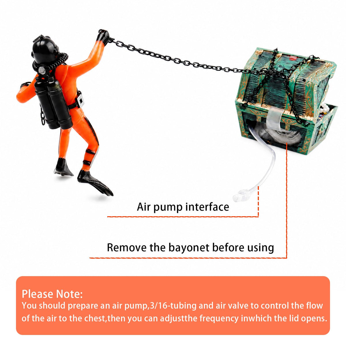Eyech Live-Action Aquarium Ornament Creative Undersea Treasure Chest Diver Air Bubbler Aerating for Fish Tank Decorations Orange Color