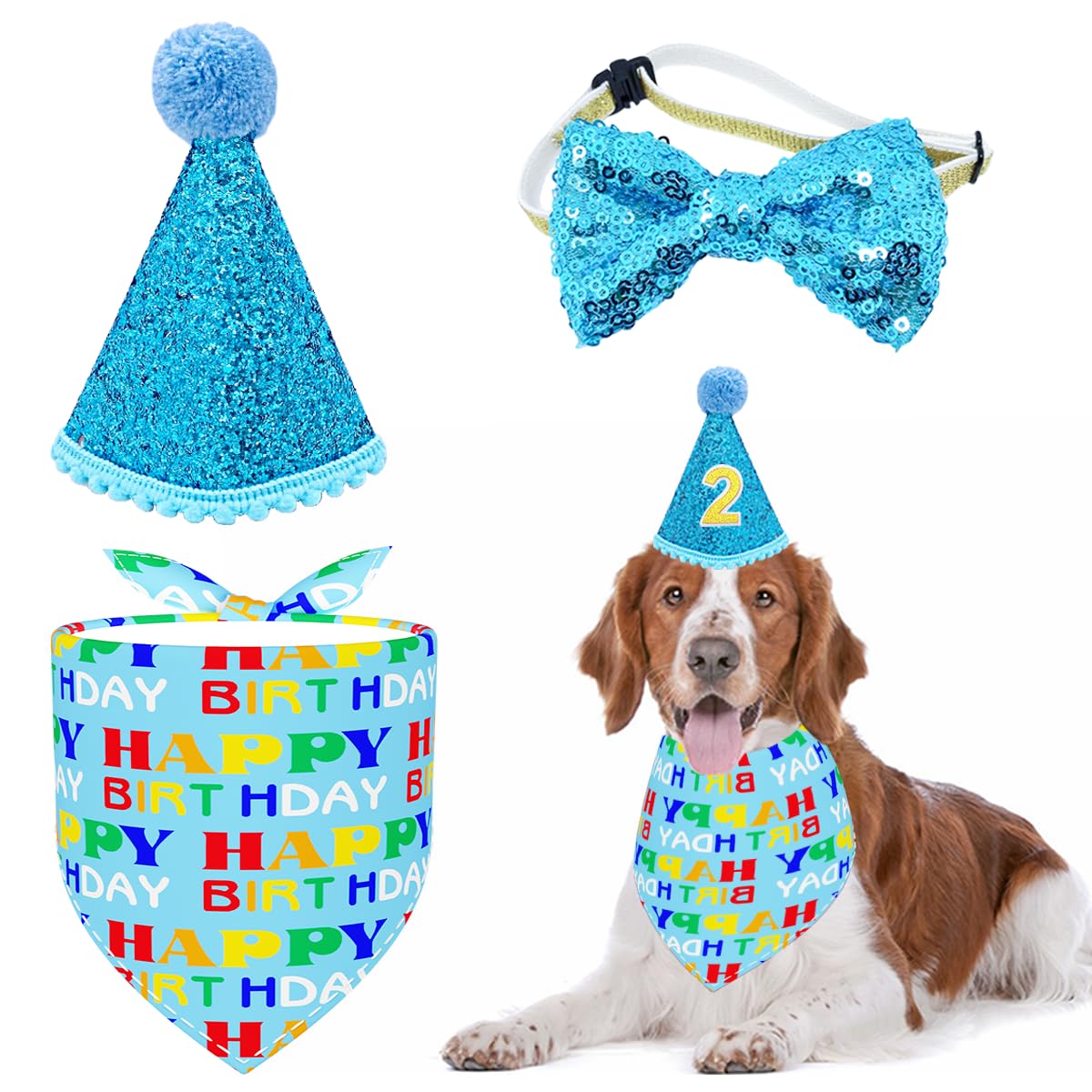 PET SHOW Pink Crown Hat Dog Birthday Party Supplies for Girls Female Pets Small Medium Large Dogs Cats Birthday Hat and Plaid Bandana with 0-9 Numbers and Glue