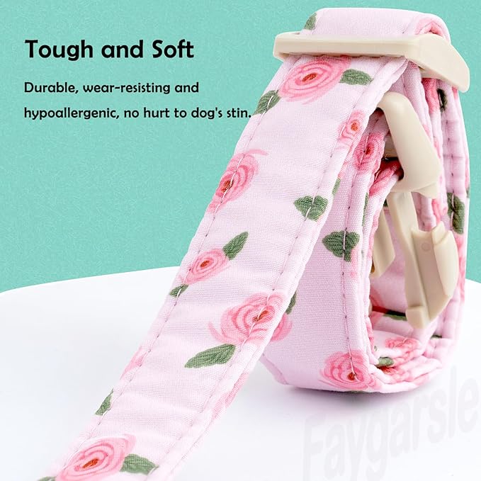 Faygarsle Pink Floral Dog Collar with Roses Pattern, Spring Summer Design for Small Medium Large Dogs, S