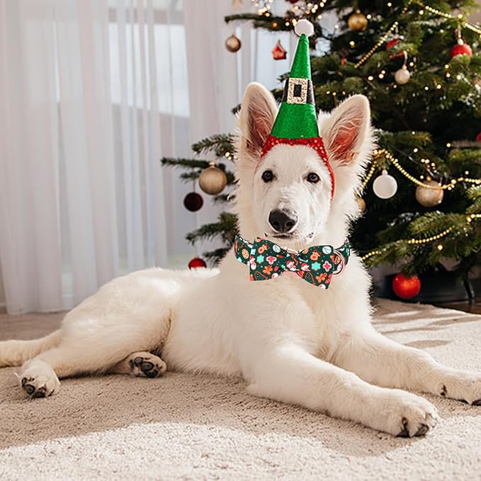 Christmas Dog Collar, Cute Winter Holiday Collars with Detachable Bowtie with Green Christmas Tree and Snowman Print Metal Buckle Collar Adjustable Sturdy Collars for Small Girl Boy Dogs