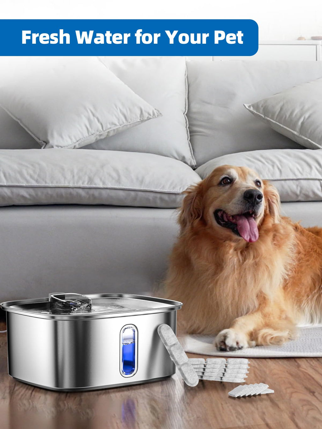 Dog Water Fountain for Large Dogs, 9L/2.4Gal Stainless Steel Dog Fountain with Visible Window & Filtration, Automatic Pet Water Bowl Dispenser Indoor, for All Dogs and Multi-Pet (Filters)