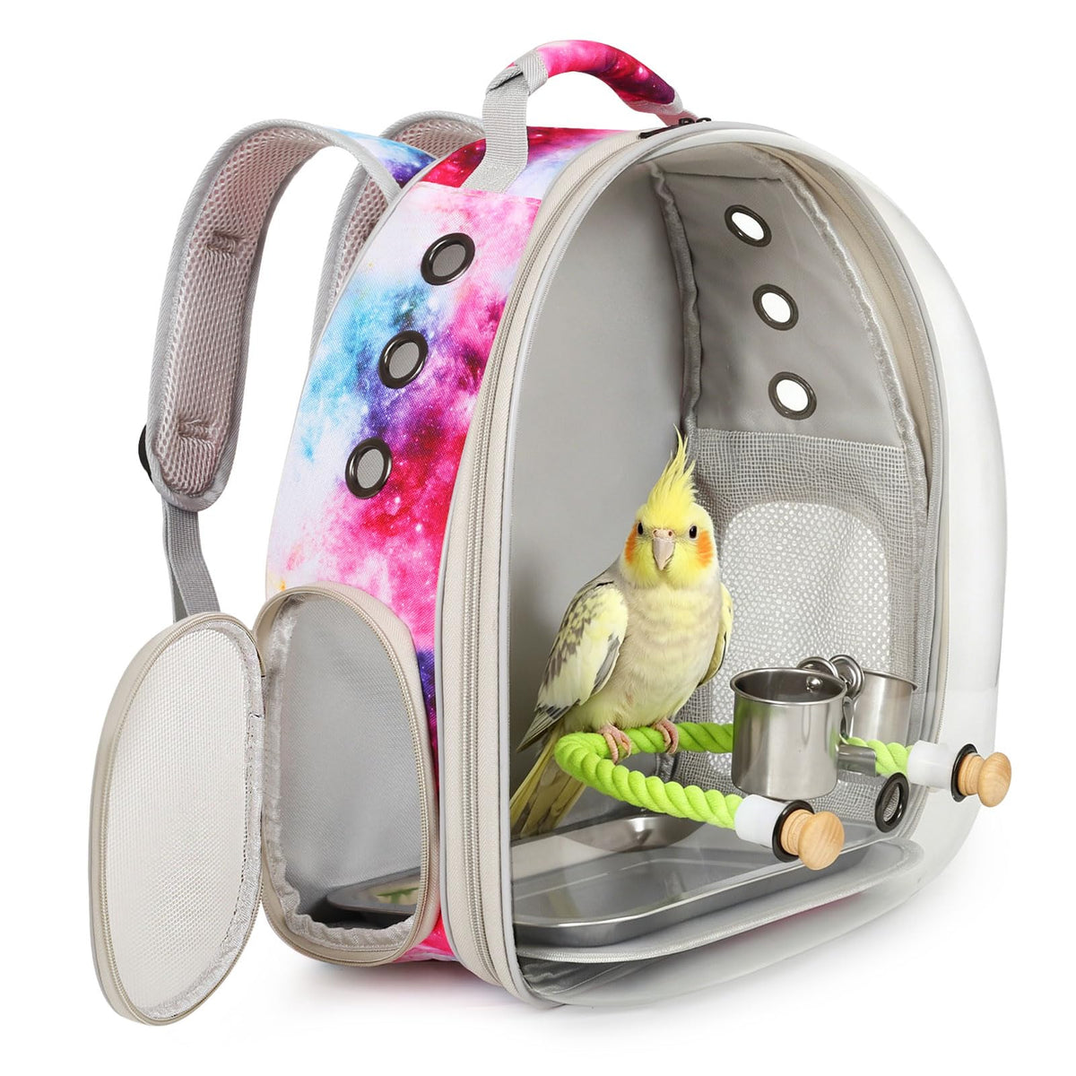 Galaxy Bird Travel Carrier Backpack, Water and Food Cup, Tray and Perch, Clear Bubble Space Capsule Carry Bag
