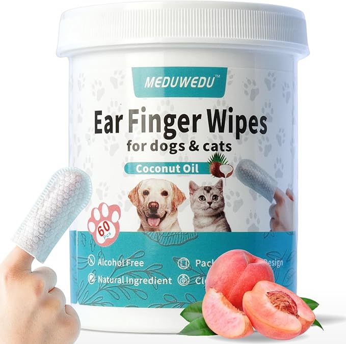 MEDUWEDU Ear Cleaner Finger Wipes 120 Counts, Dog Ear Cleaner, Grooming Kit Care for Dogs and Cats, Soft & Easy Otic Cleaning Pads, Remove Wax, Dirt & Stop Smelly, Itchy, Non-Irritating