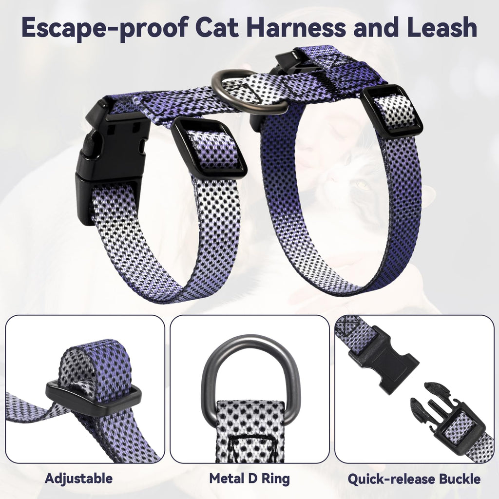 Cat Harness and Leash Set, 3-in-1 Escape Proof Adjustable, Comfortable Soft Lightweight, Safe, Easy to Wear, Walking Travel Kitten Harness for Small Medium Large Cats (Purple)