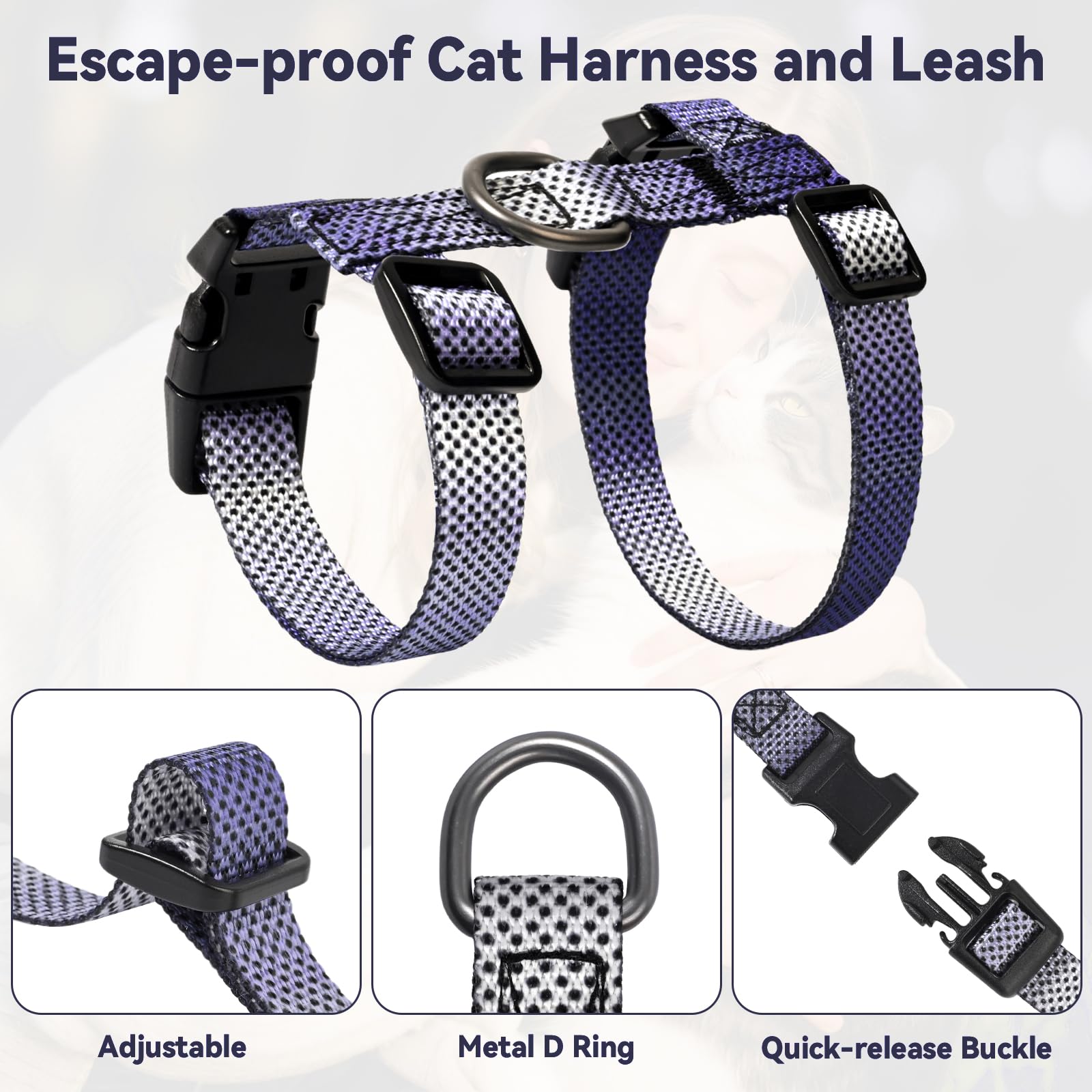 Cat Harness and Leash Set, 3-in-1 Escape Proof Adjustable, Comfortable Soft Lightweight, Safe, Easy to Wear, Walking Travel Kitten Harness for Small Medium Large Cats (Purple)