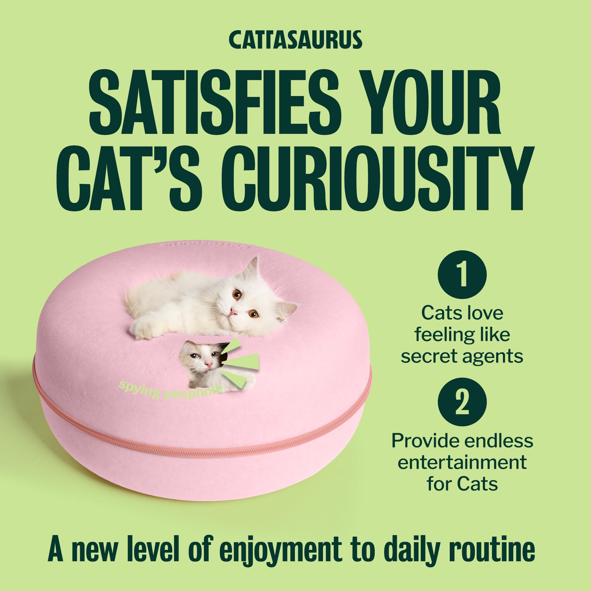 Cattasaurus Peekaboo Cat Cave Donut for Multiple & Large Cats up to 30-45 lbs, 3-in-1 Self Warming Cat Bed, Tunnel & Scratcher for Indoor Cats, Washable & Detachable Small Dog Bed (Pink, Large)