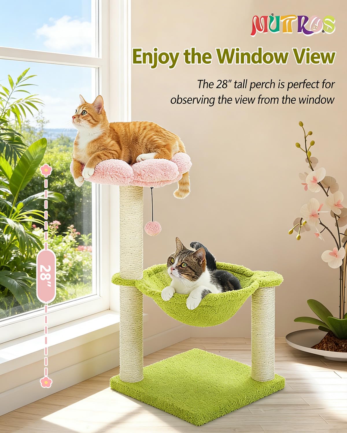MUTTROS Flower Cat Tree, 28" Cat Tower with Cozy Flower Perch, Large Hammock for Indoor Small Cats, Cute Cat Tree with Sisal Scratching Post and Fur Toy Ball for Kittens, Pink