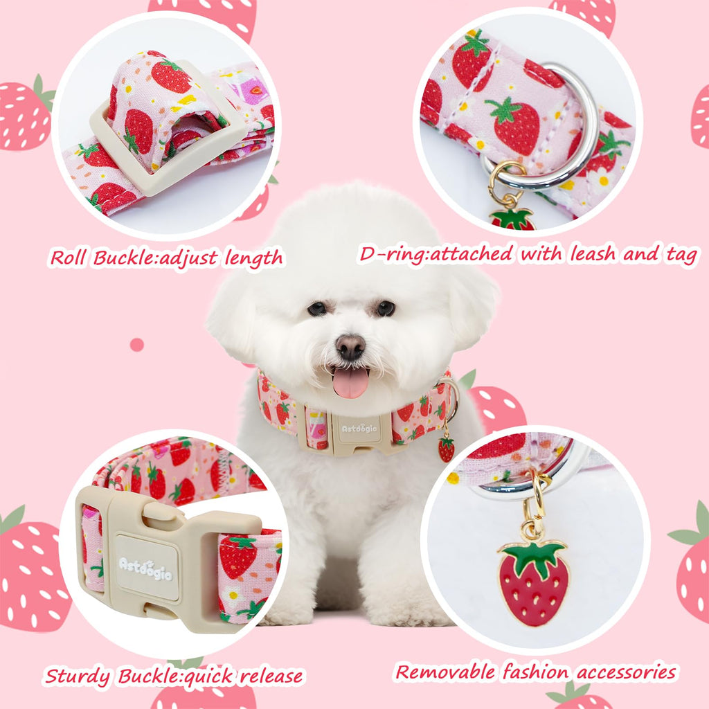 Astdogio Pink Dog Collar for Medium Dogs, Adjustable Strawberry Dog Collar with Quick Release Buckle, Cute Puppy Collar for Girl or Boy Dogs, M