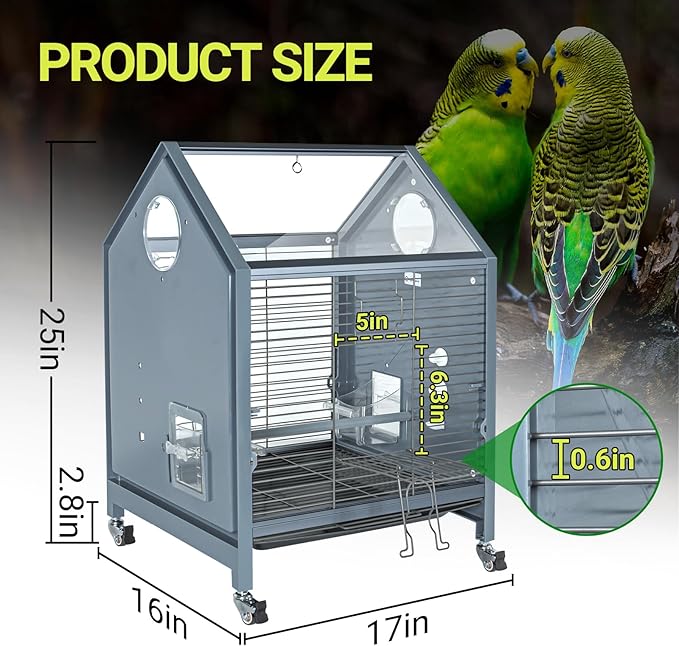 SUKEOPET Acrylic Bird Cage, 25 inch Medium Parrot Cage for Parakeet Cockatiel Conure Lovebird, Panoramic View Bird Cage with Water Bottle Bird Feeder Perch Rolling Stand