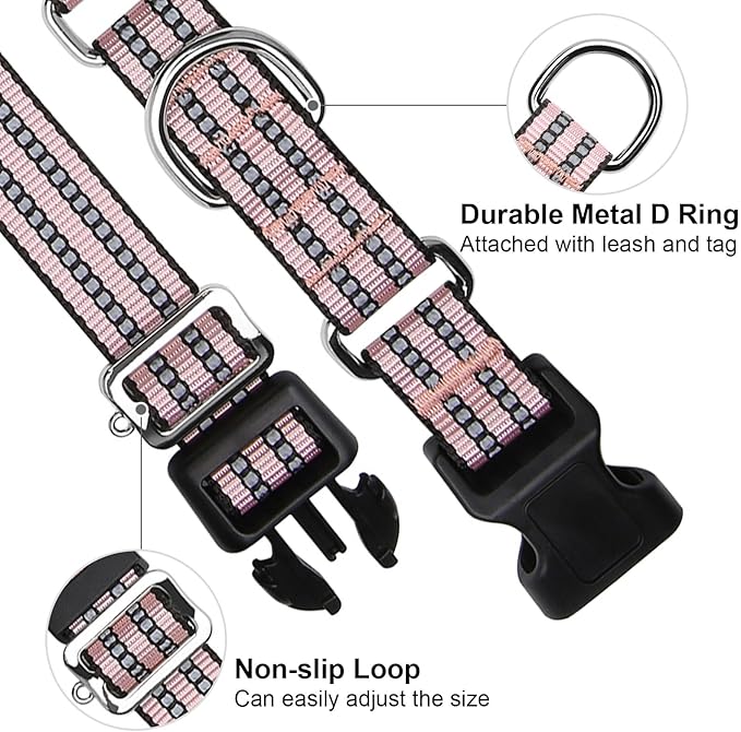 Martingale Dog Collar, Adjustable Nylon Reflective Collar with Quick Release Buckle (Light Pink, Large)