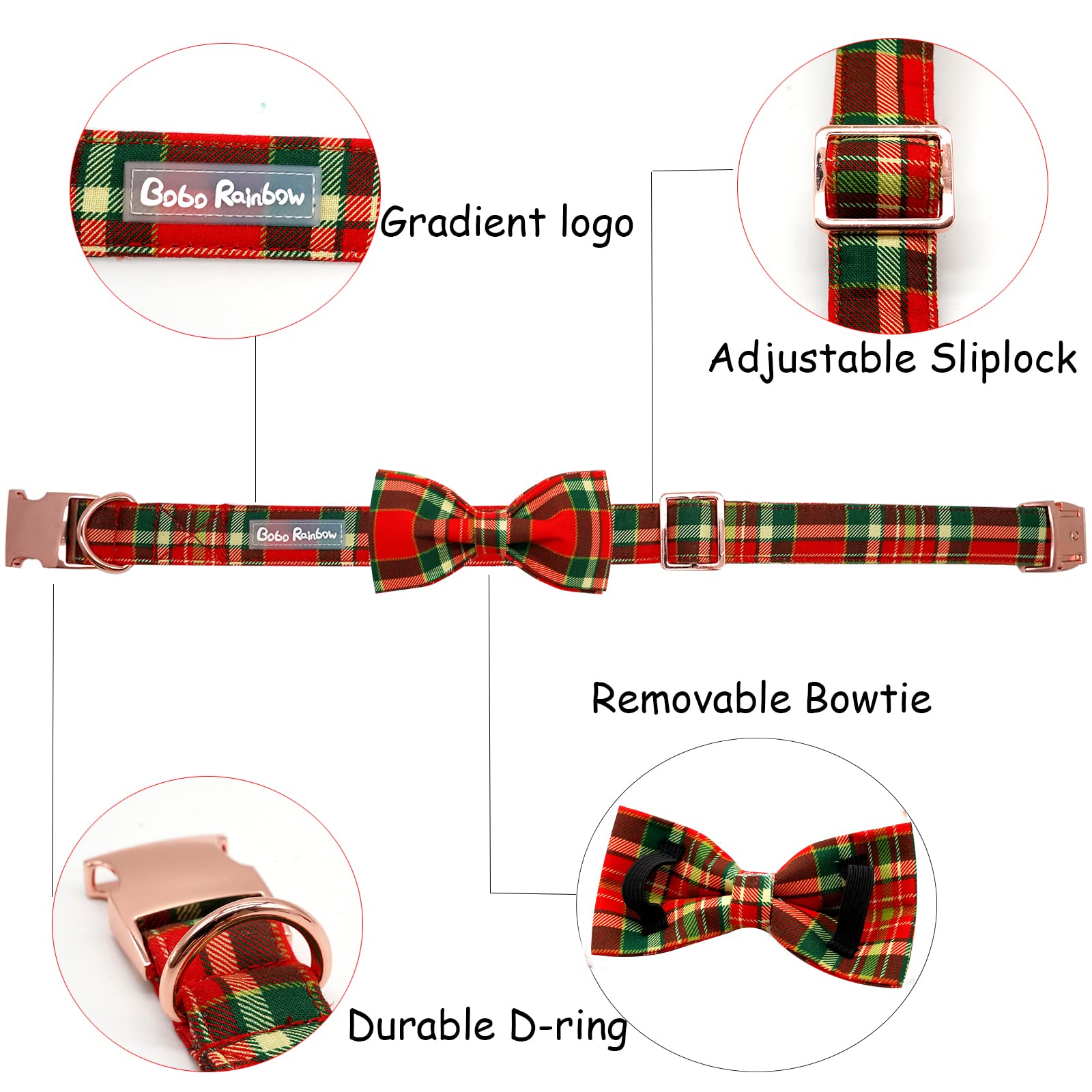 Bobo Rainbow Dog Collar - Christmas Red Plaid Dog Collars Bowtie Gift Soft Bow Collar with Bow Adjustable Metal Buckle Pet Collar for Medium Dogs
