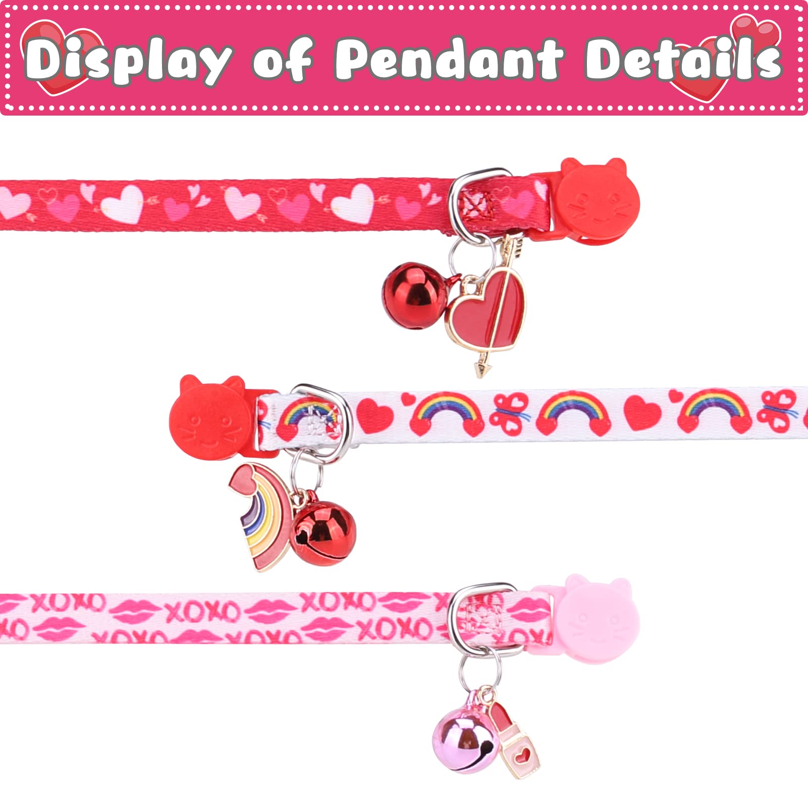 VKPETFR Breakaway Cat Collars with Bell & Cute Pendants, 3 Pack Safety Buckle Kitten Collars, Adjustable Pet Collar Ideal for Girl Boy Cats Puppy (Love Heart)