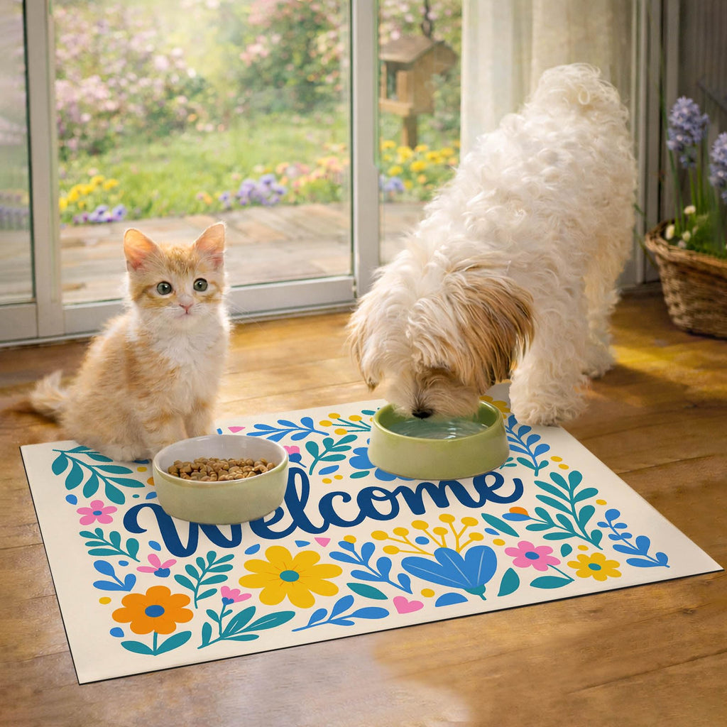 HOMETITUTE Pet Feeding Mat Welcome Floral Bowl Placemat 24 x 16 Inch
