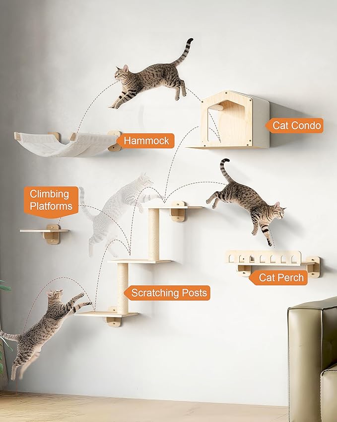 KinoTail 5-in-1 Cat Wall Shelves for Large Cat, Large Hammock, Wide Perch