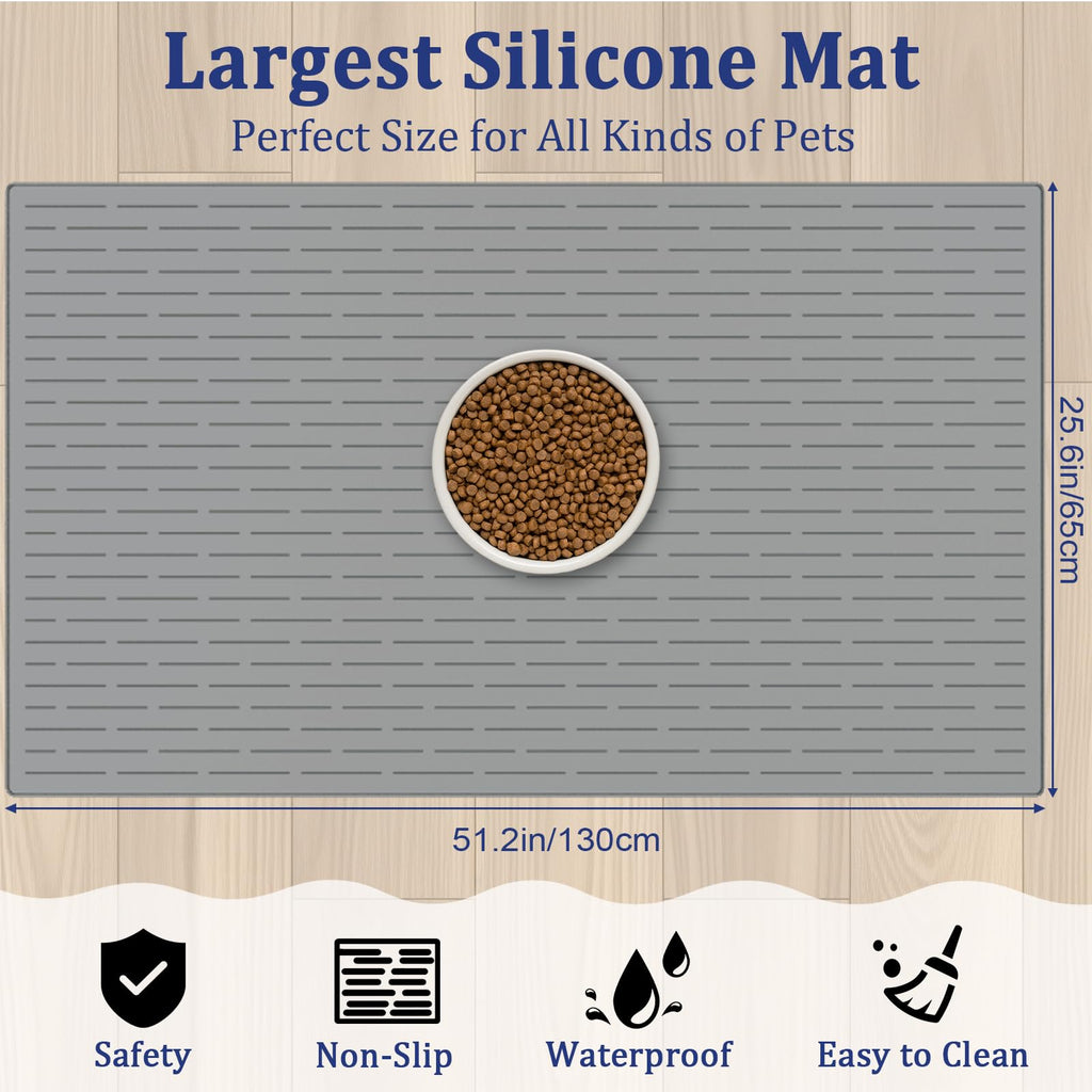 XXXXL Largest Pet Food Mat, 51.2"x25.6"(130cmx65cm) Silicone Dog Mats for Food and Water, Nonslip Pet Feeding Mats for Floors,Dog Cat Bowl Mat with Raised Edges, Dark Gray