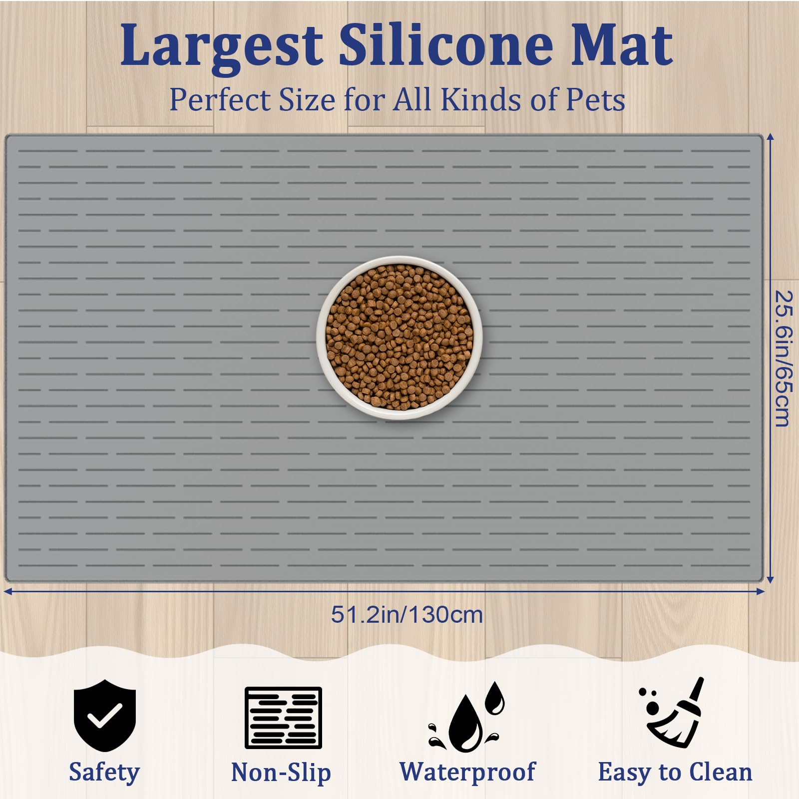 XXXXL Largest Pet Food Mat, 51.2"x25.6"(130cmx65cm) Silicone Dog Mats for Food and Water, Nonslip Pet Feeding Mats for Floors,Dog Cat Bowl Mat with Raised Edges, Dark Gray