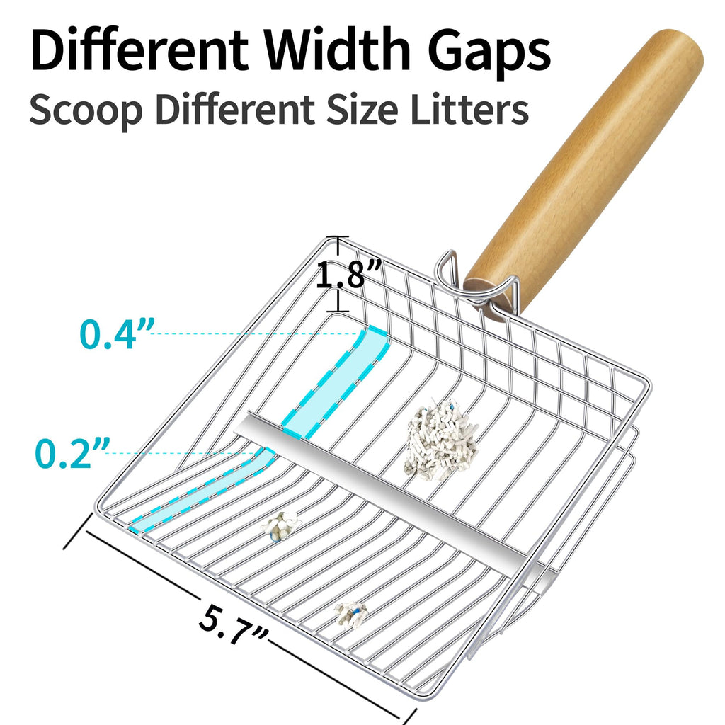 UFECODO Fast Sifting Cat Litter Scoop with Holder Stand, 2 Widths of Slots Stainless Steel Poop Scooper with Ergonomic Wood Handle, Heavy Duty and Easy Clean