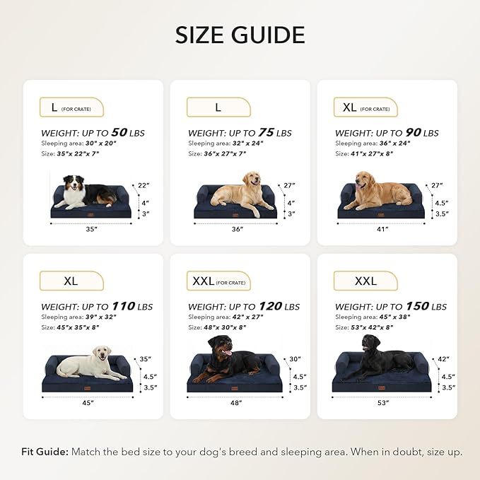 Orthopedic Dog Beds for Extra Large Dogs, Waterproof Egg Crate Foam XL Dog Bed with Sides 48x30Inch, Big Dogs Couch Beds with Removable Washable Cover and Nonskid Bottom, Navy Blue