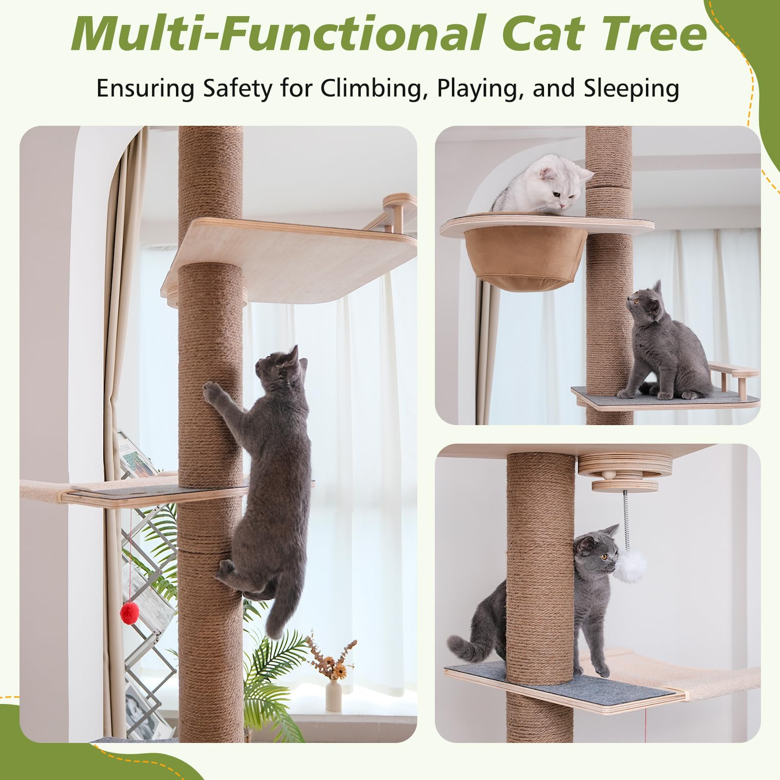 Cat Tree Floor to Ceiling, Cat Tower with Hammock & Perch, Scratching Post
