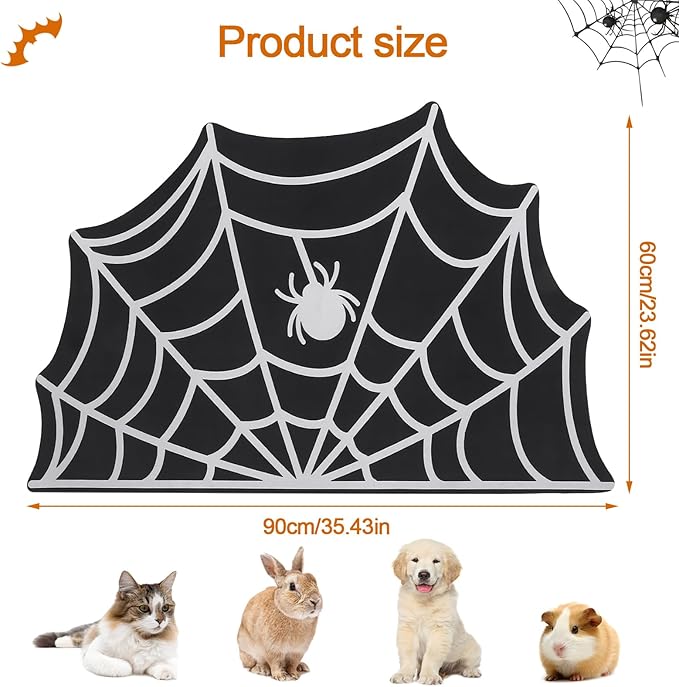 Halloween Dog Cat Mat for Food & Water Feeding, Spider Web 35.5''x24''