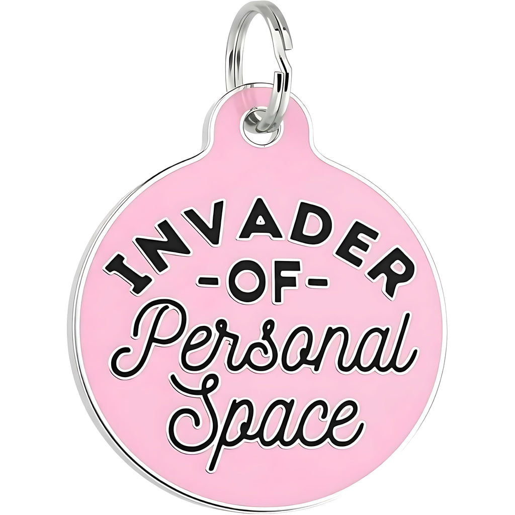 Bad Tags Personalized Dog and Cat ID Tags in 25+ Designs and 2 Sizes - 5 Lines of Custom Engraved Text - Funny Cute Personalized Pet Tags (Invader of Personal Space - Pink, Small (1 inch))