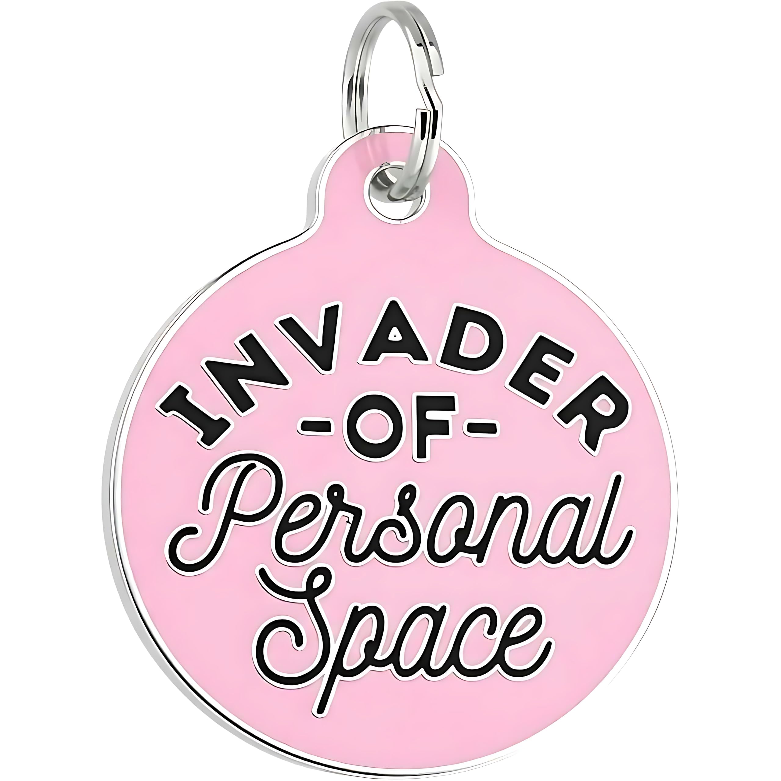 Bad Tags Personalized Dog and Cat ID Tags in 25+ Designs and 2 Sizes - 5 Lines of Custom Engraved Text - Funny Cute Personalized Pet Tags (Invader of Personal Space - Pink, Small (1 inch))