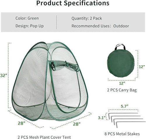 2PCS Large Mesh Plant Protector Tent from Animals, 28X28X32In Pop Up Plant Protection Enclosure Garden Netting Cover Green Crop Cage with Bottom to Protect Potted Plants Flowers Fruits from Deer Birds