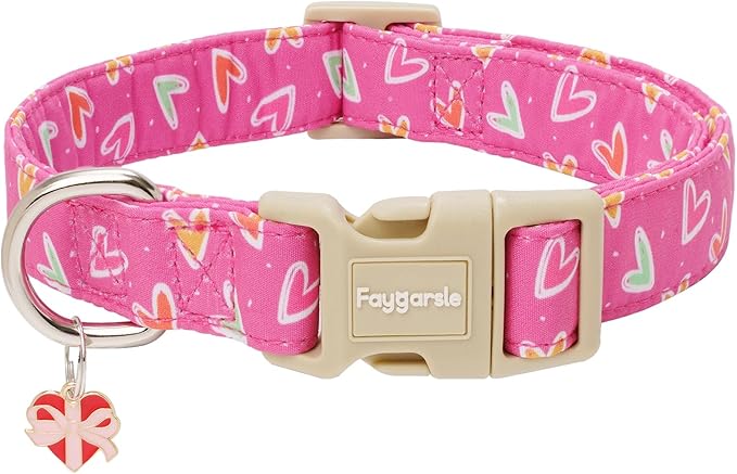 Faygarsle Valentine's Day Dog Collar, Pink Heart Pattern with Heart Charm, Pet Collar for Small Medium Large Dogs, L