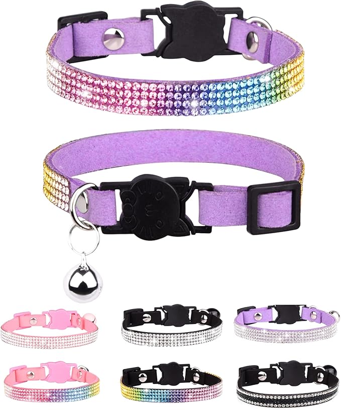 Aecllcea Cat Collars for Girl Cats with Rhinestone Soft Velvet,Breakaway Cat Collars with Bell,Adjustable Safe Kitten Collar (Multicolour Purple)
