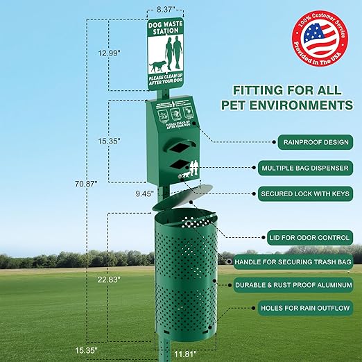 POCHAR Rust-Proof Aluminum Outdoor Dog Waste Disposal Station for Pet Parks