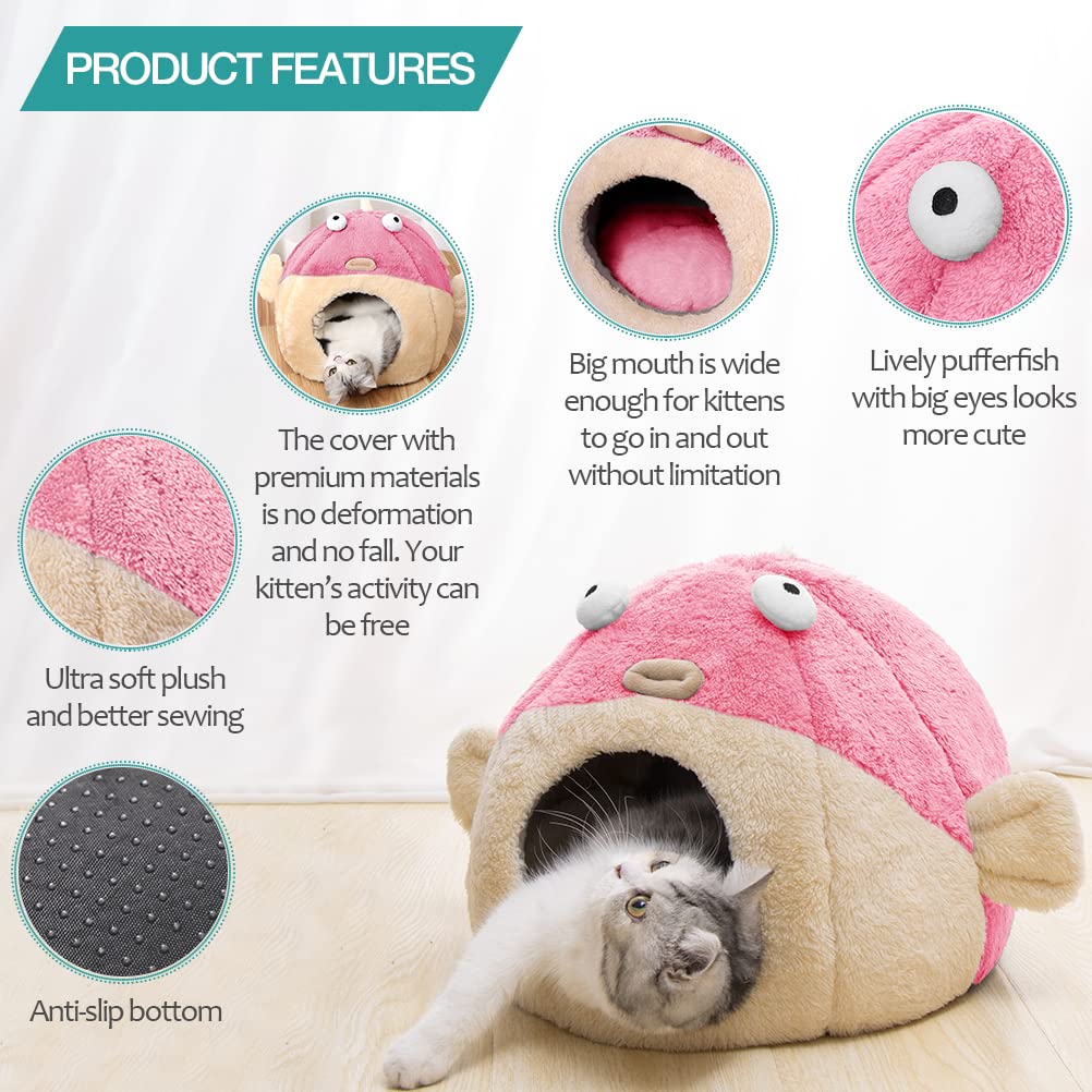 Cat Beds for Indoor Cats-Cat Bed Cave,Cute Lively Pufferfish Shape,Pink L