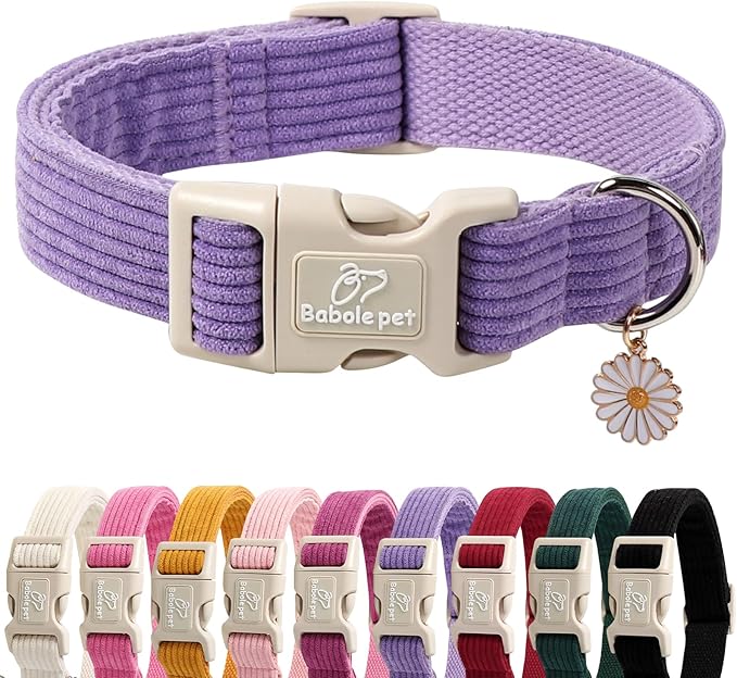 Cute Corduroy Dog Collar - Lavender Adjustable Dog Collars for Small Dogs 10-25lbs, Fade-Proof with Secure Snap & Little Charm, Christmas Birthday Gift, S