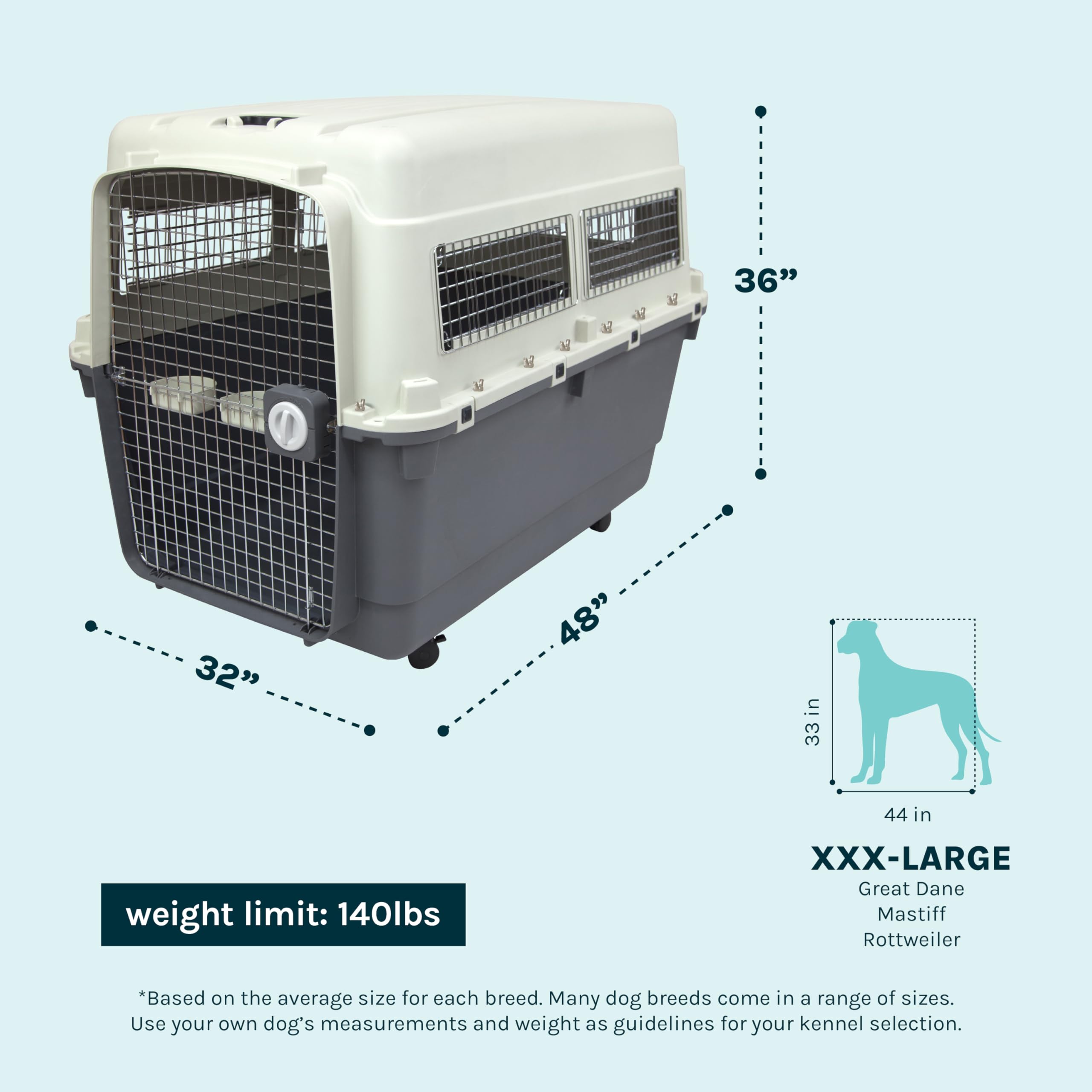 SportPet Airline Compliant XXX-LARGE 48" Travel Dog Kennel-Durable Plastic Airline Pet Carrier w/Removable Wheels & Food Bowls, Collapsible Indoor/Outdoor Dog Kennel, Dogs up to 44"L & 33"H-Cream/Gray