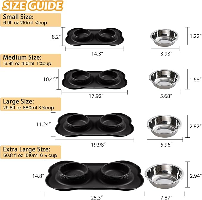 Hubulk Pet Dog Bowls 2 Stainless Steel Dog Bowl with No Spill Non-Skid Silicone Mat + Pet Food Scoop Water and Food Feeder Bowls for Feeding Small Medium Large Dogs Cats Puppies (Large, Black)