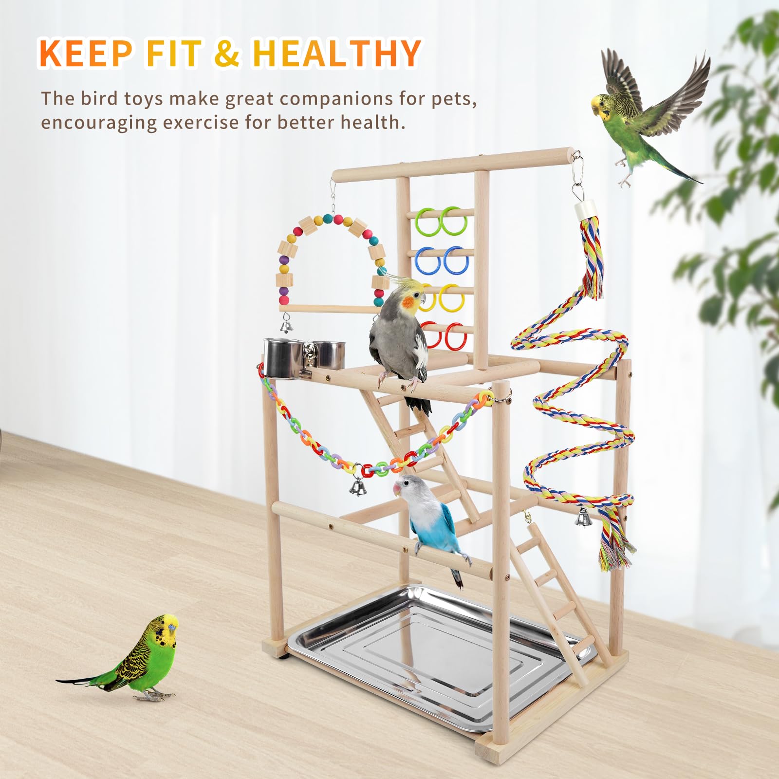 HPAWHOMEPART Bird Playground, Parrots Playstand for Small to Medium Birds, Perch Stand with 3 Ladders Playgym with Rope Perch, Swings Feeder Cups Bird Cage Accessories for Conure Cockatiel Lovebirds