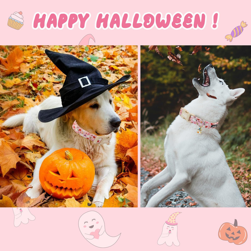 Astdogio Halloween Dog Collar, Fall Dog Collars for Large Dogs, Cute Pink Puppy Collar with Adorable Ghost & Pumpkin Design, Soft Cotton Large Dog Collars Girl Boy Dog Collar-L