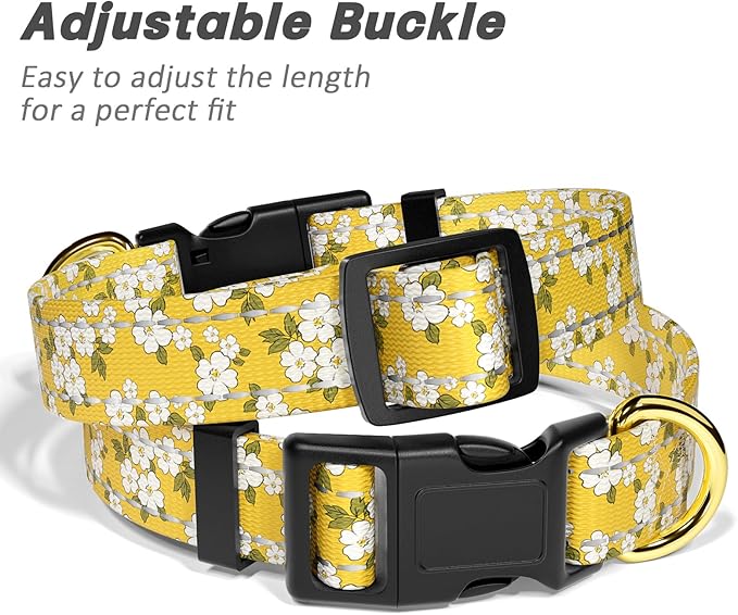 TMOODEL Reflective Dog Collar for Small Dogs, Cute Flower Theme Adjustable Heavy-Duty Nylon Puppy Collar for Boy and Girl Female, Soft Pet Accessories with Quick Release Buckle, Yellow