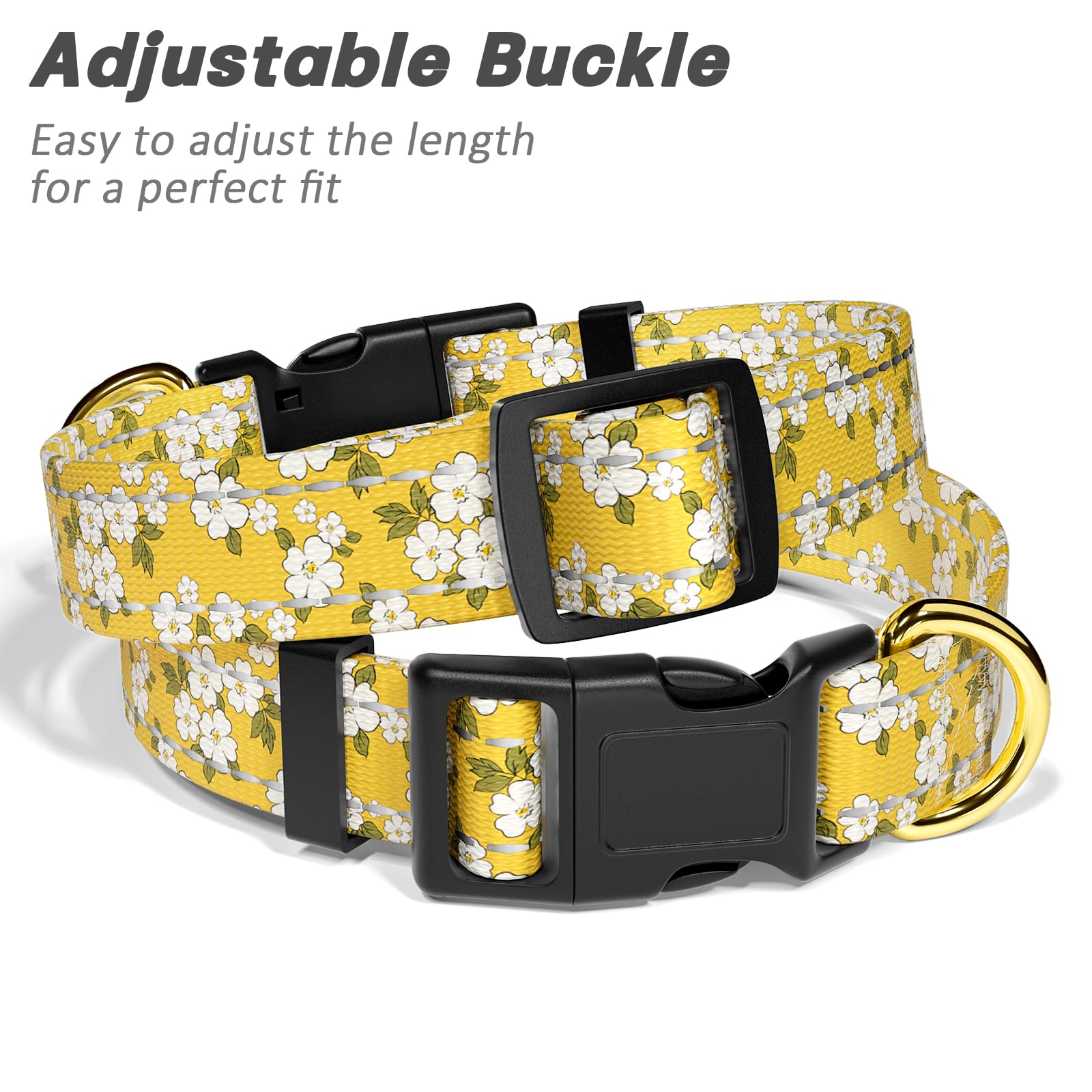 TMOODEL Reflective Adjustable Dog Collar for Medium Dogs, Yellow Flower, M