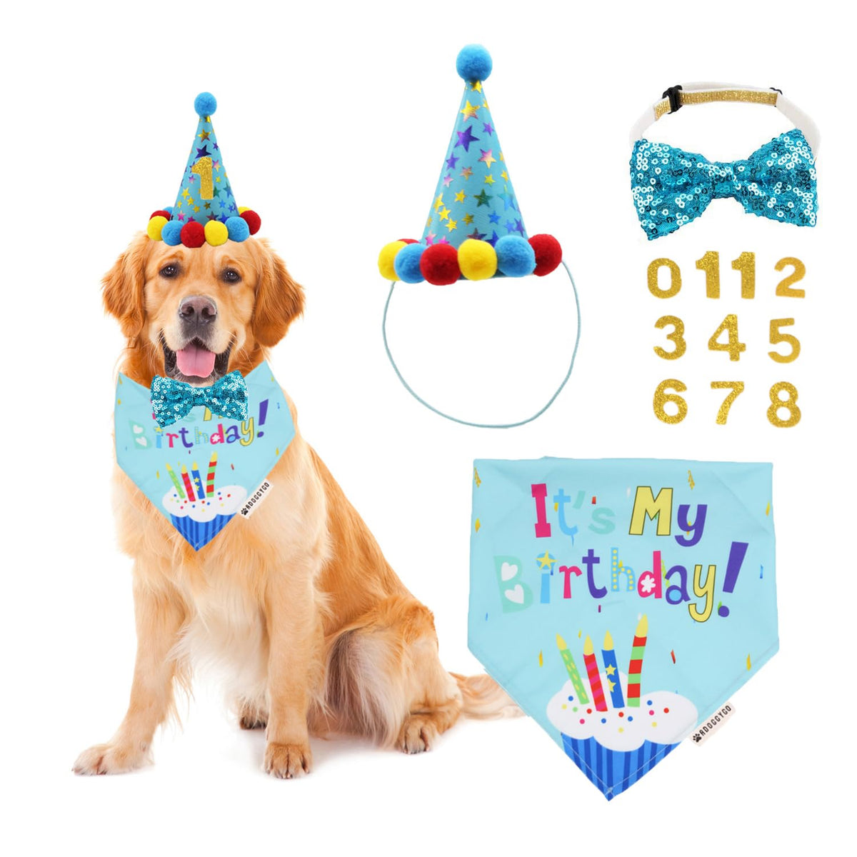 ADOGGYGO Dog Birthday Hat Bandana Bow Tie Set, Navy Blue, Large