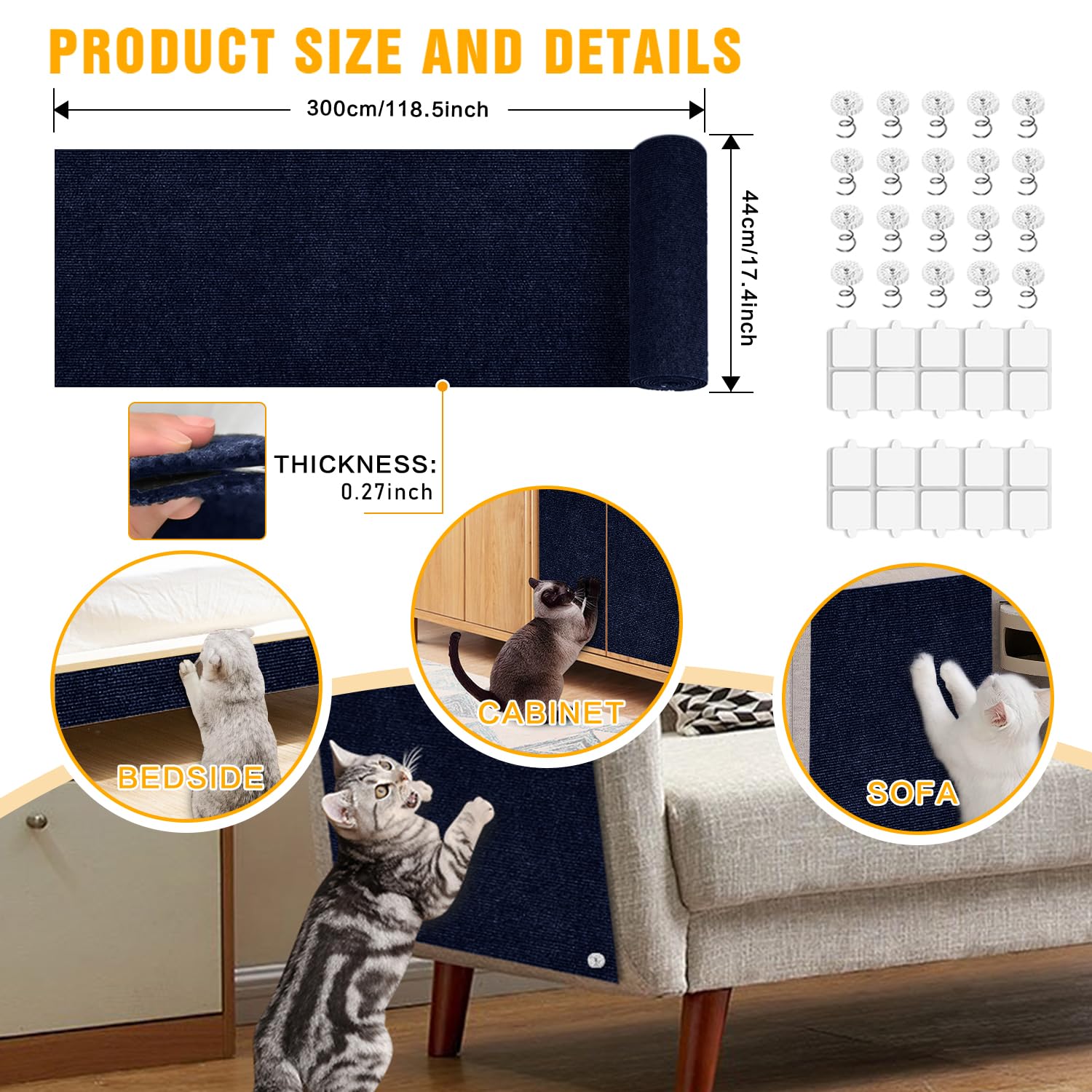 Cat Scratch Mat,118.5"x17.4" Trimmable Self-Adhesive Cat Scratch Furniture Protector, Sticky Cat Scratcher Wall Mat, Covering Cats Tower, Couch Protector from Cats Claws (Dark Blue)